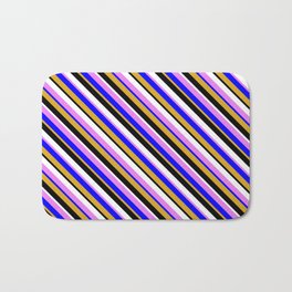 [ Thumbnail: Colorful Violet, Blue, Goldenrod, Black & White Colored Lined/Striped Pattern Bath Mat ]