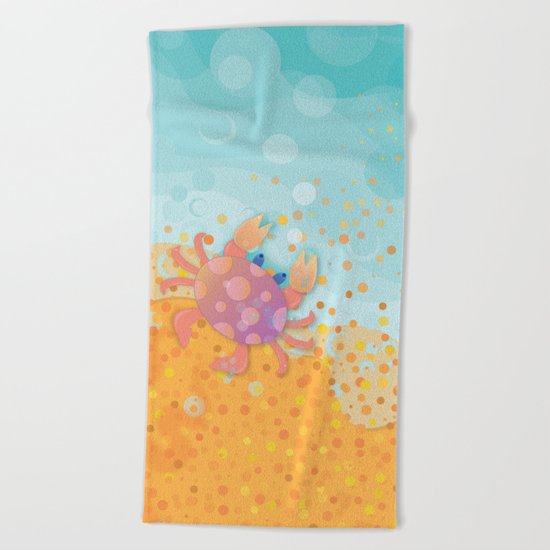 Cute Crab, Aqua Ocean, California Sunshine Beach Towel