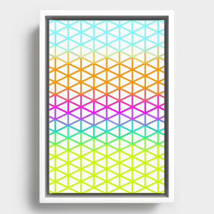 Cyan, Orange, Magenta, Purple, Lime Triangle Wireframe on White Pattern Design Framed Canvas
