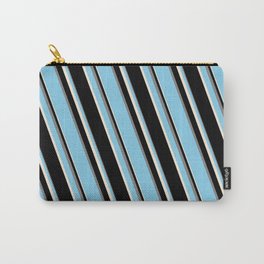 [ Thumbnail: Sky Blue, Beige, Black, and Grey Colored Stripes Pattern Carry-All Pouch ]