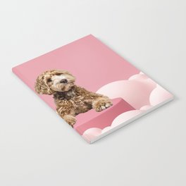 Goldendoodle Laying on Pastel Pink Podium with Cloud Notebook