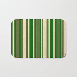 [ Thumbnail: Dark Olive Green, Tan, and Dark Green Colored Lined/Striped Pattern Bath Mat ]