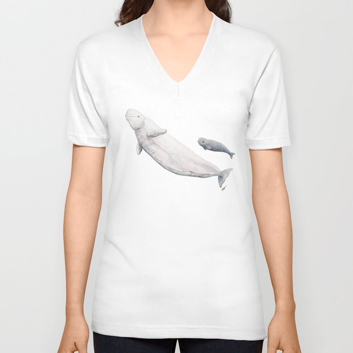 Beluga and baby beluga whale V Neck T Shirt
