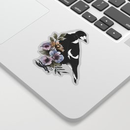 Magpie bird black and white and flowers Sticker