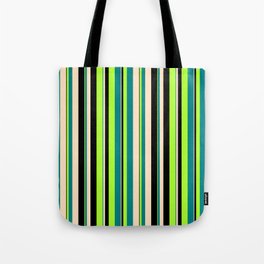 [ Thumbnail: Light Green, Teal, Bisque & Black Colored Lined/Striped Pattern Tote Bag ]