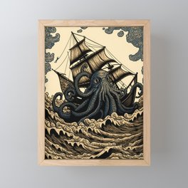 Vintage Kraken Ship Framed Mini Art Print