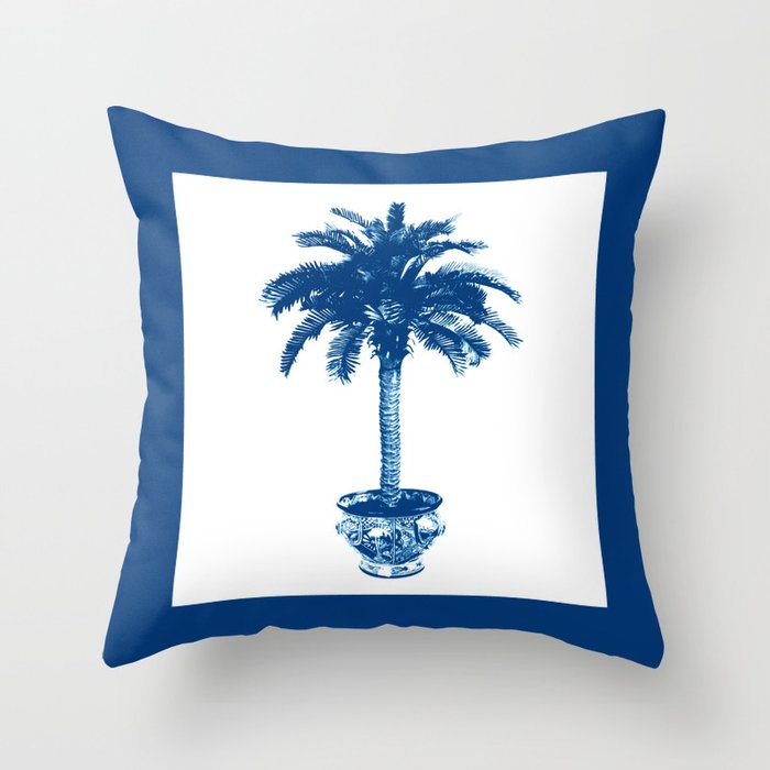 Potted Palm Tree, Cobalt Blue and White Throw Pillow