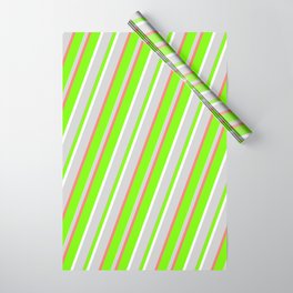 [ Thumbnail: Green, White, Light Gray & Salmon Colored Striped/Lined Pattern Wrapping Paper ]