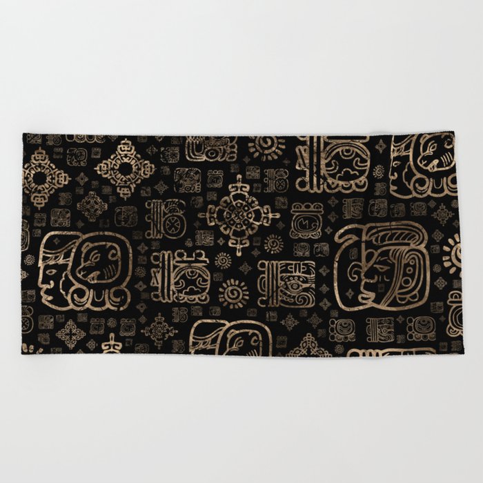 Mayan glyphs and ornaments pattern -gold on black Beach Towel