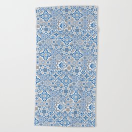 Blue and Gray Heritage Vintage Traditional Moroccan Zellij Zellige Tiles Style Beach Towel