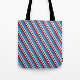 [ Thumbnail: Sky Blue, Brown & Blue Colored Striped/Lined Pattern Tote Bag ]
