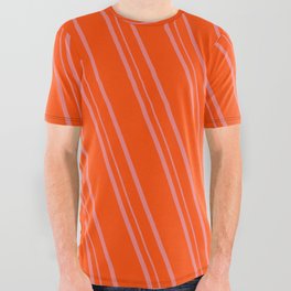 [ Thumbnail: Red & Light Coral Colored Lines/Stripes Pattern All Over Graphic Tee ]