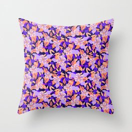 Electric Meadow Dark Pattern - Orange, Blue Indigo & Lavender Purple Throw Pillow