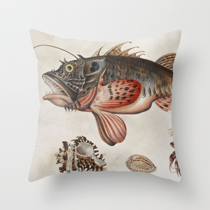 Vintage Fish and Crab Illustration by Maria Sibylla Merian, 1717 Throw Pillow