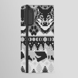 Fair isle knitting grey wolf // black and white wolves moons and pine trees Android Wallet Case