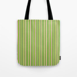 [ Thumbnail: Light Pink, Green & Forest Green Colored Lines Pattern Tote Bag ]