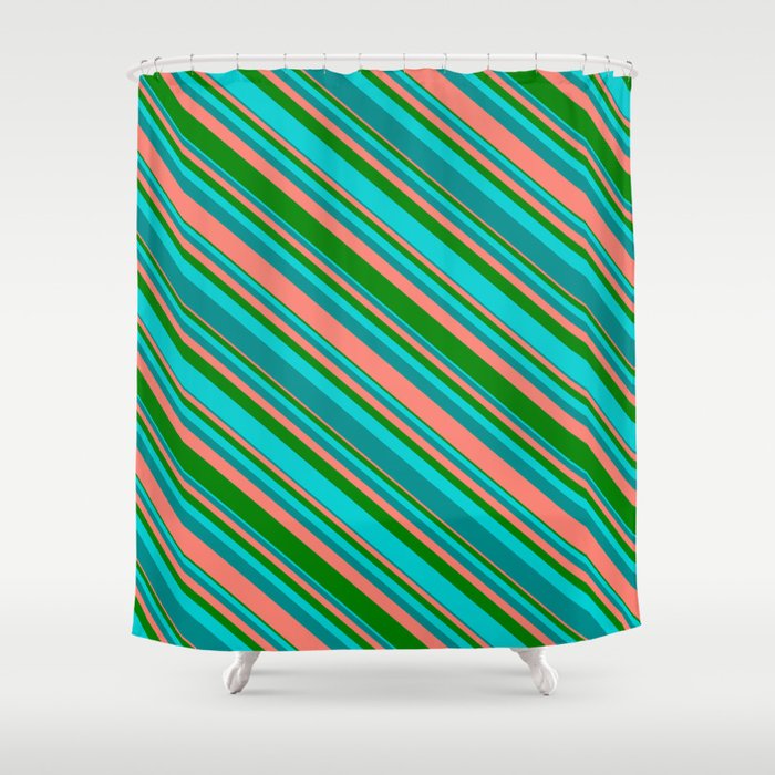 Salmon, Green, Dark Turquoise, and Dark Cyan Colored Lines Pattern Shower Curtain