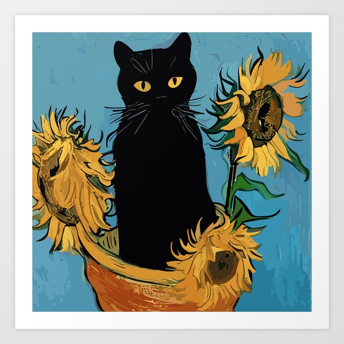 Black Cat and Sunflowers Van Gogh Art Print