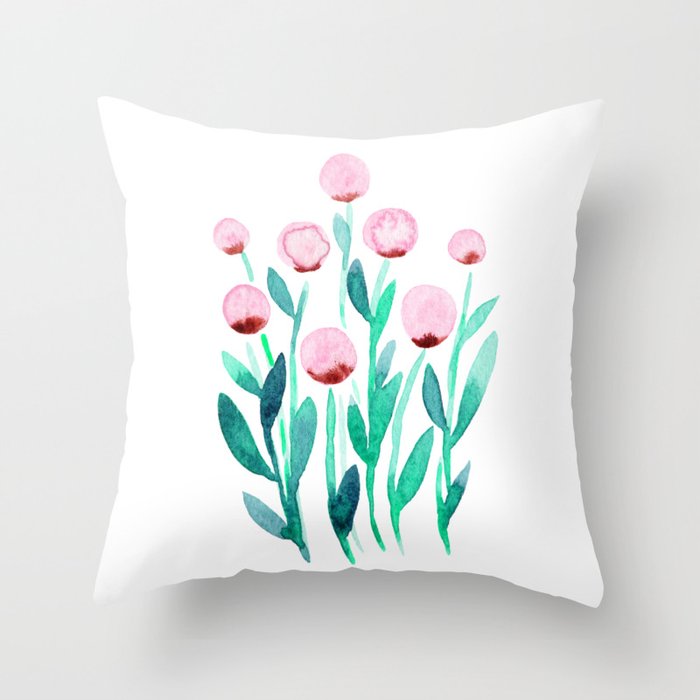 Simple watercolor flowers - pink and green Throw Pillow