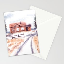Winter Landscape With House And Pine Trees Watercolor Stationery Card