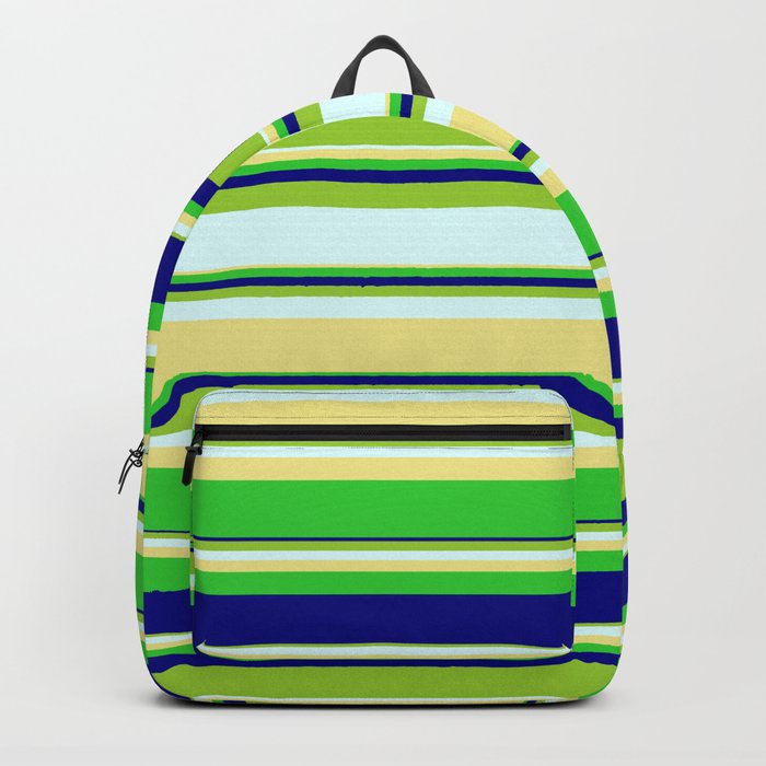 Vibrant Green, Light Cyan, Tan, Lime Green & Blue Colored Stripes/Lines Pattern Backpack