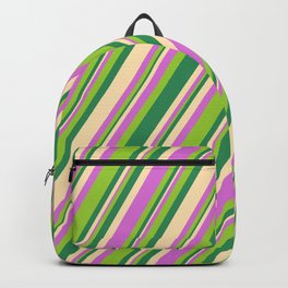 [ Thumbnail: Orchid, Green, Sea Green, and Beige Colored Stripes Pattern Backpack ]