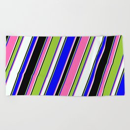 [ Thumbnail: Eye-catching Green, Blue, Hot Pink, Mint Cream & Black Colored Pattern of Stripes Beach Towel ]