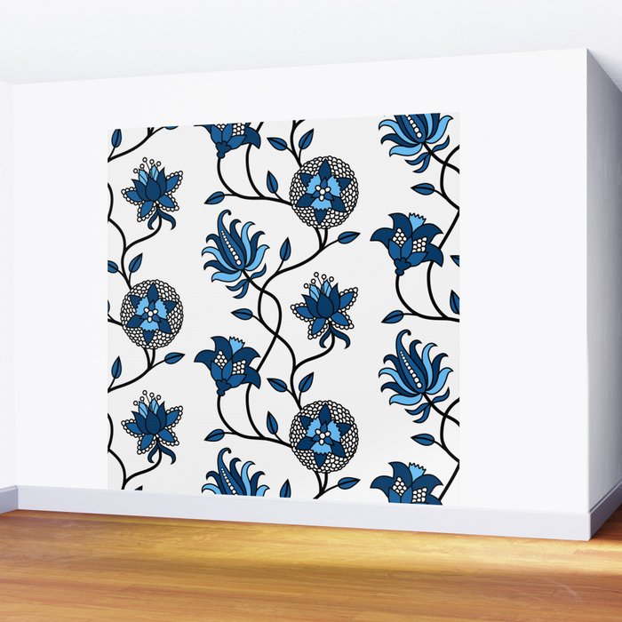 Stylized vintage Indian Flowers classic blue pattern Leggings by Dana Du  Design