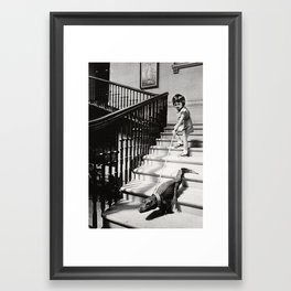 Little Girl with Pet Alligator on a leash black and white photograph / black and white photography Framed Art Print