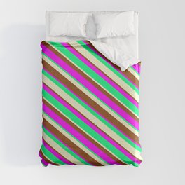 [ Thumbnail: Brown, Fuchsia, Green, and Light Yellow Colored Stripes Pattern Duvet Cover ]