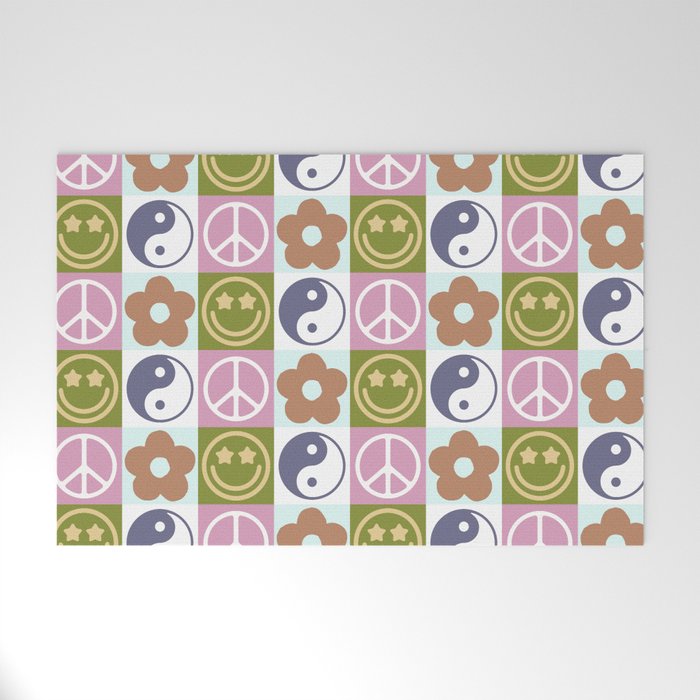 Cute Checked Symbols Pattern (SMILEY FACE \ YIN YANG \ PEACE SYMBOL \ FLOWER) Welcome Mat