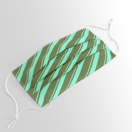 [ Thumbnail: Dark Olive Green and Aquamarine Colored Lined Pattern Face Mask ]