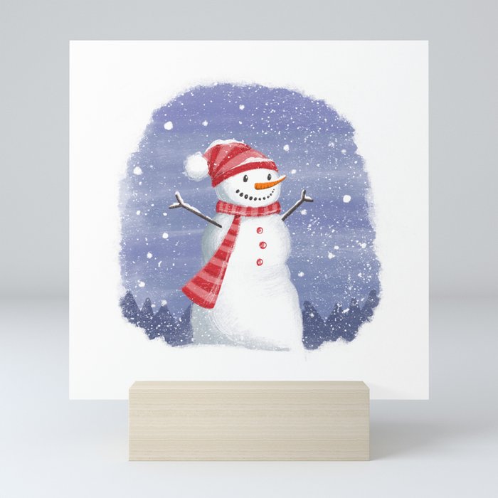 Snowman with Red Scarf Mini Art Print