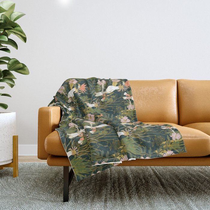 Drawing of exotic birds in the dark jungle Throw Blanket