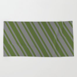 [ Thumbnail: Grey and Dark Olive Green Colored Pattern of Stripes Beach Towel ]
