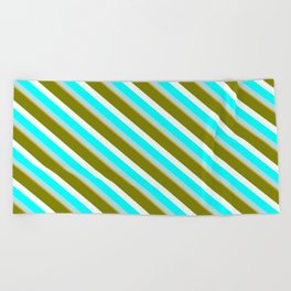 [ Thumbnail: Eye-catching Green, Mint Cream, Aqua, Powder Blue, and Goldenrod Colored Striped/Lined Pattern Beach Towel ]