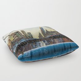 New York City Through the Fence | Skyline Sunset Floor Pillow
