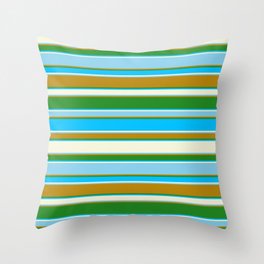 [ Thumbnail: Forest Green, Deep Sky Blue, Beige, Sky Blue, and Dark Goldenrod Colored Striped/Lined Pattern Throw Pillow ]