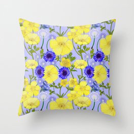 Yellow Buttercups Blue Cornflowers And Puffs Throw Pillow