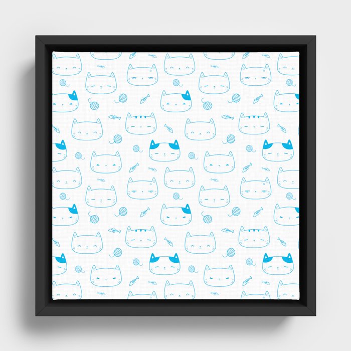 Turquoise Doodle Kitten Faces Pattern Framed Canvas