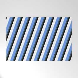 [ Thumbnail: Eyecatching Cornflower Blue, Dark Slate Gray, Black, White, and Light Blue Colored Striped Pattern Welcome Mat ]