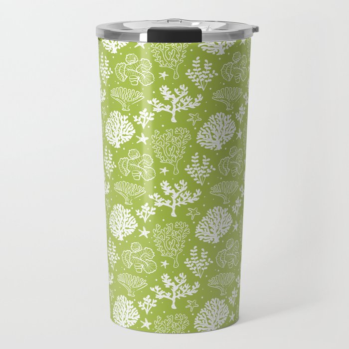 Light Green And White Coral Silhouette Pattern Travel Mug