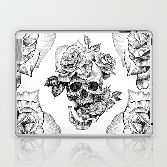 Black and White skull with roses pen drawing Laptop & iPad Skin