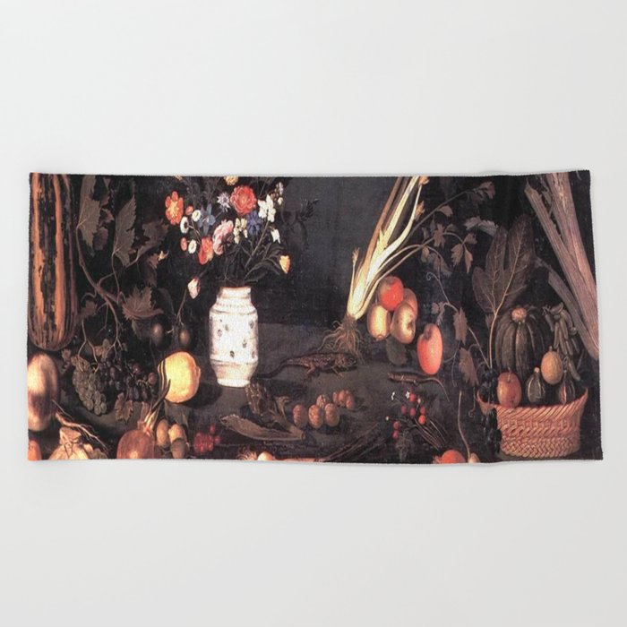 Still life is wonderful with flowers and fruits Beach Towel