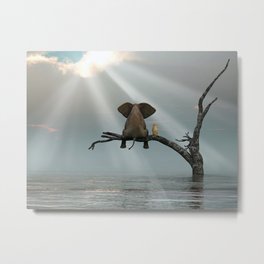 elephant and dog sit on a tree during a flood Metal Print