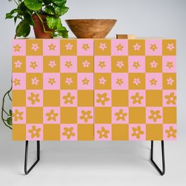 Abstract Floral Checker Pattern 3 in Gold pink Credenza