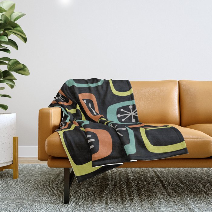 Midcentury MCM Rounded Rectangles Black Chartreuse Turquoise Orange Throw Blanket