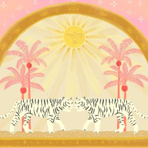 painting of white tigers under pink palm trees and a yellow sun