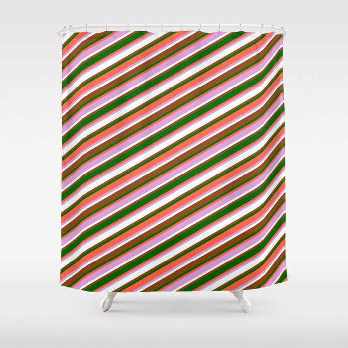 Eye-catching Red, Plum, Mint Cream, Brown, and Dark Green Colored Lined/Striped Pattern Shower Curtain
