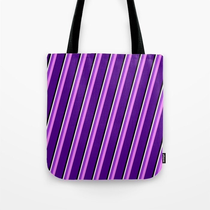 Eyecatching Dark Orchid, Violet, Indigo, Black & White Colored Stripes/Lines Pattern Tote Bag